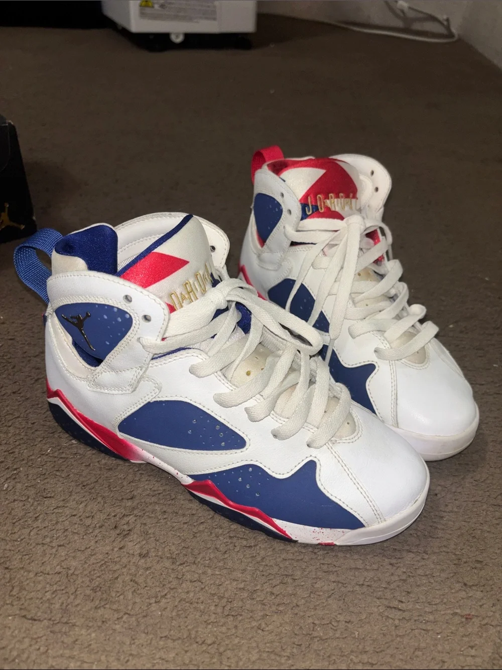 Jordan Kids High-Top Sneakers in White, Blue & Red